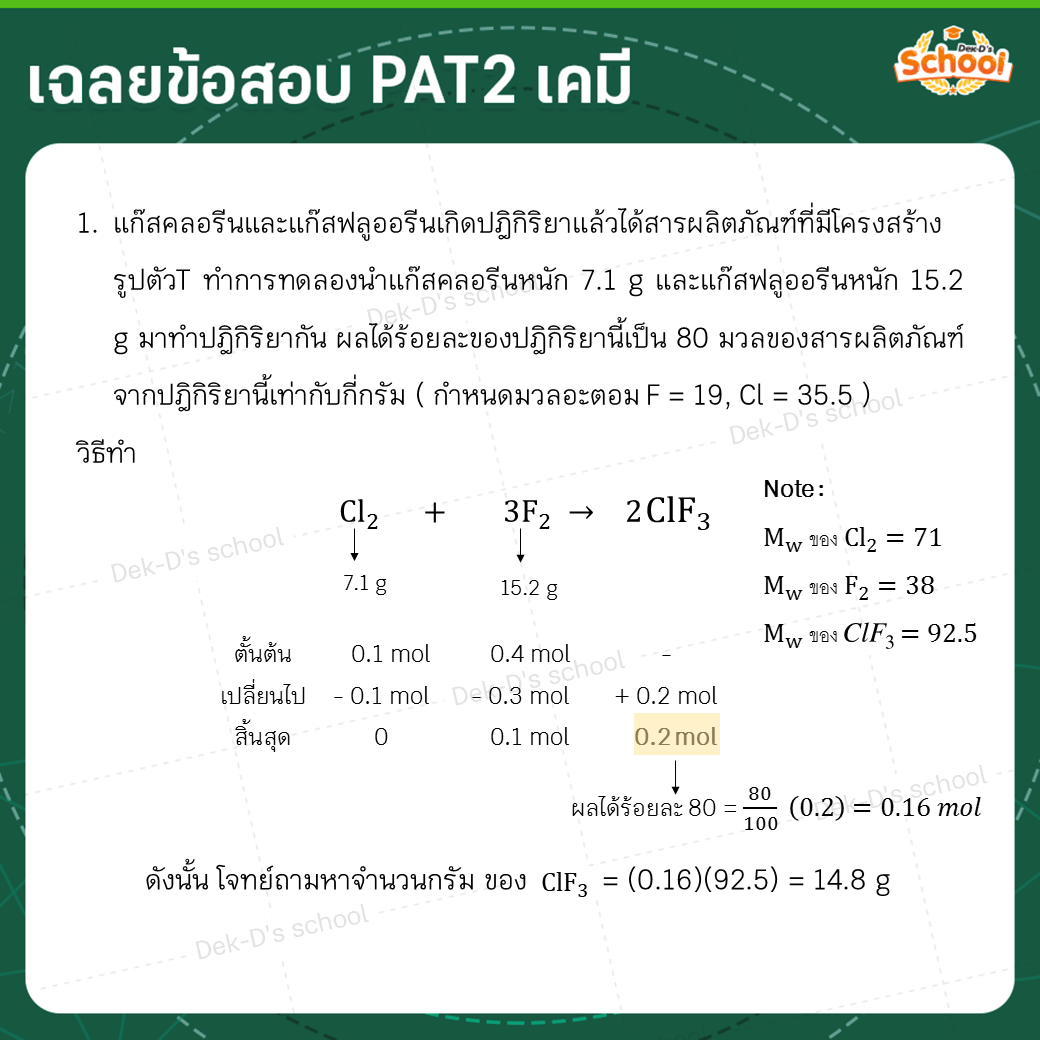 เฉลยโจทย์ PAT2 ปริมาณสารสัมพันธ์ของแก๊ส