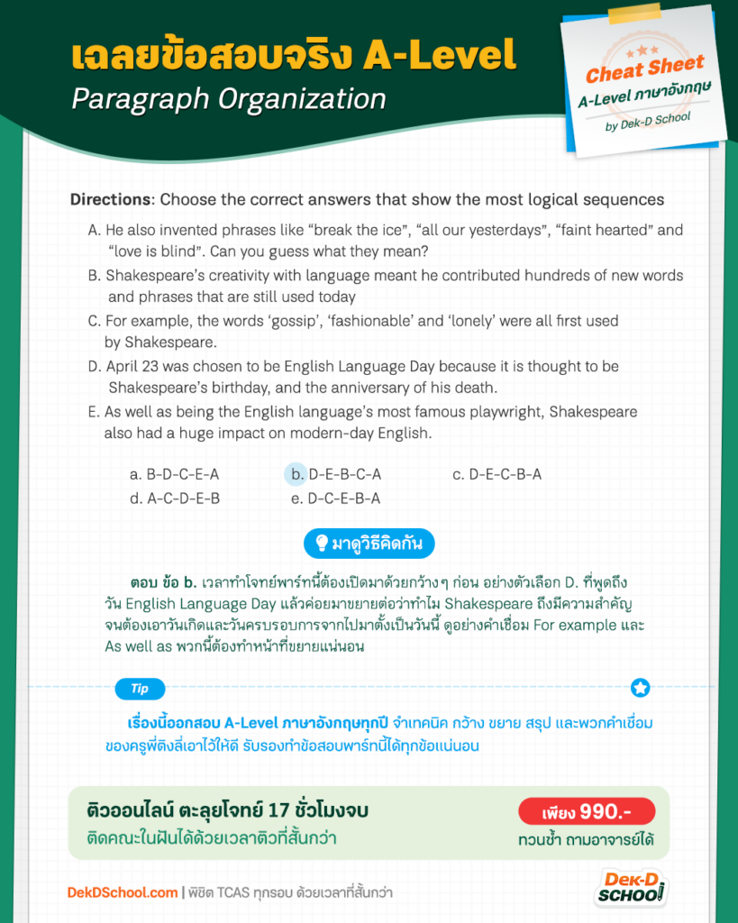 เฉลยข้อสอบ A-Level ภาษาอังกฤษ Writing - Paragraph Organization